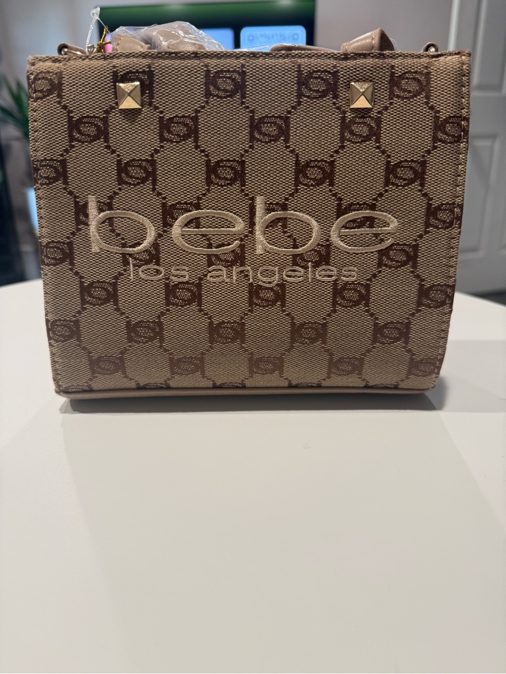 BEBE Crossbody Beige Monogram Tote Bag